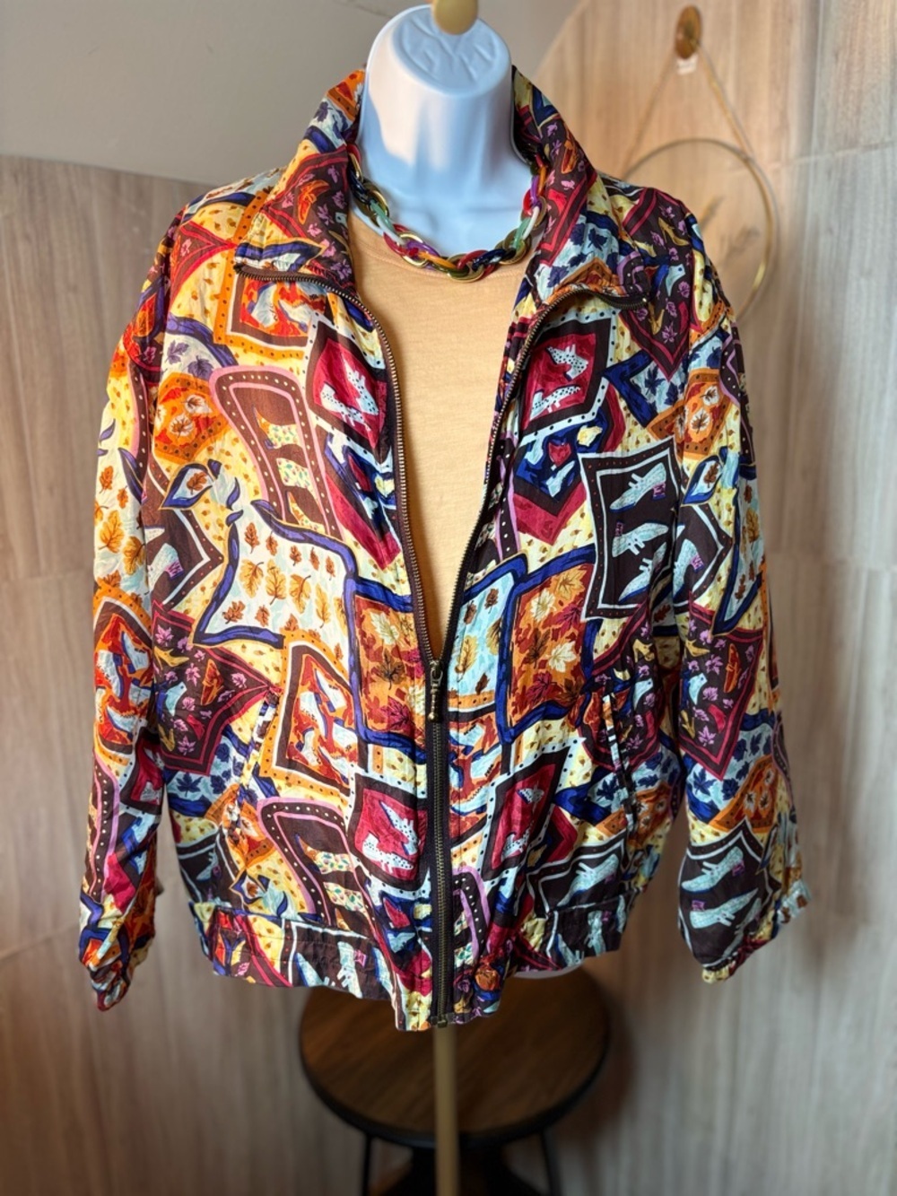 EVR Silk Women's Bomber Jacket Retro Patchwork Colorful Shoes Autumn Leaves